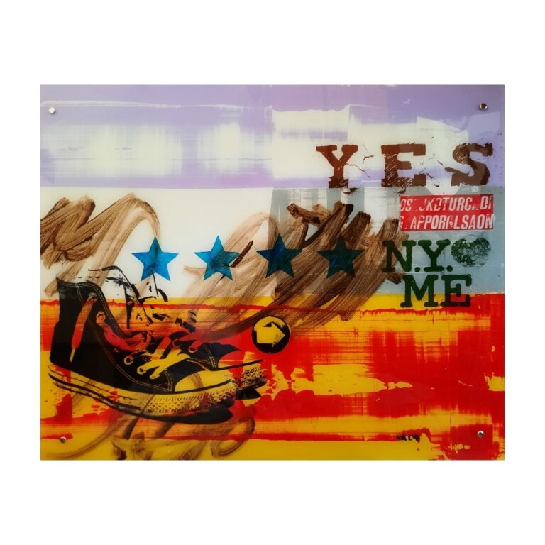 Karl Valve, "YES", akryl och mixed media på plexi, 60x75 cm